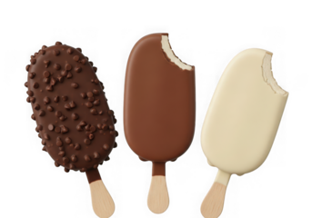 Three ice cream bars on sticks, one covered in chocolate sprinkles, isolated on transparent background
