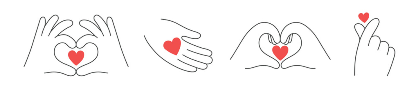Set of outline hands showing heart shape, making love sign. Love, care and empathy concept. 