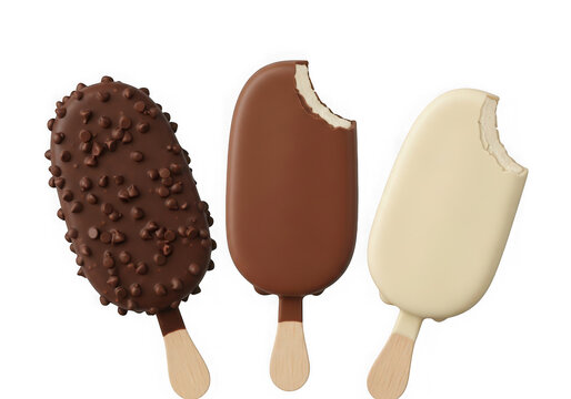 Three ice cream bars on sticks, one covered in chocolate sprinkles, isolated on transparent background