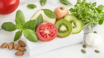 vibrant flat-lay of colorful fresh fruits, vegetables, nuts, and seeds arranged beautifully on a white marble background, symbolizing healthy eating