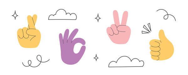 Set of colorful hands with different gestures and doodle elements. Crossed fingers, thumb-up, okay sign.