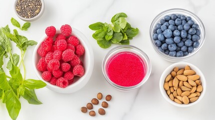 vibrant flat-lay of colorful fresh fruits, vegetables, nuts, and seeds arranged beautifully on a white marble background, symbolizing healthy eating