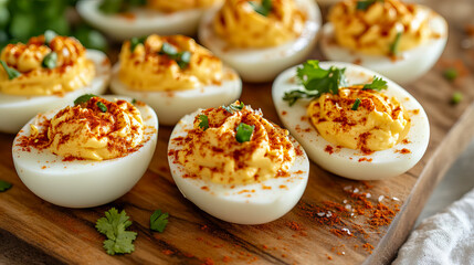 Deviled eggs garnished with paprika and herbs, a delectable party appetizer for National Deviled Egg Day