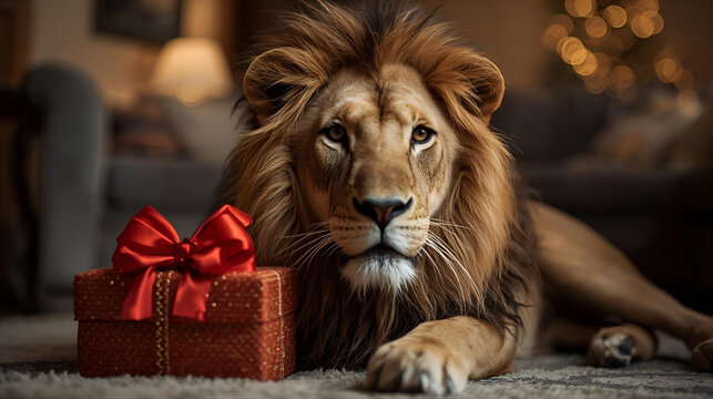 Fototapeta Lion with a red christmas present in the living room in a home with a christmas tree for the holidays
