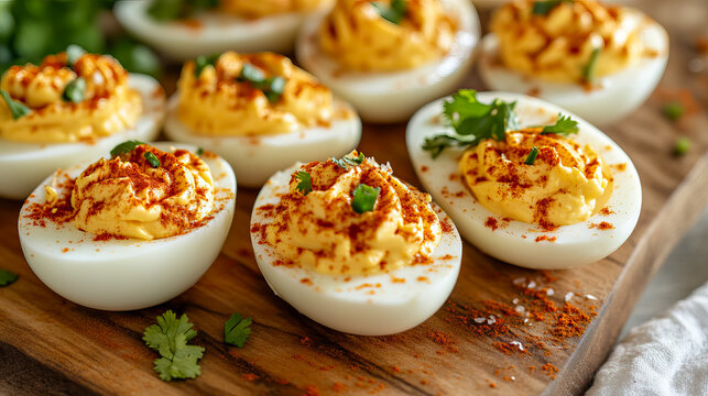 Deviled eggs garnished with paprika and herbs, a delectable party appetizer for National Deviled Egg Day