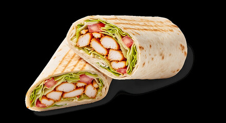 Delicious chicken wrap cut in half isolated on transparent background