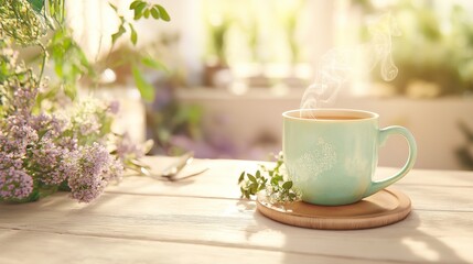 Hot tea cup kept near window and monsoon feel