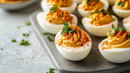 Deviled Eggs Garnished with Parsley Served on a Gray Tray for Easter Festivities with copy space for National Deviled Egg Day