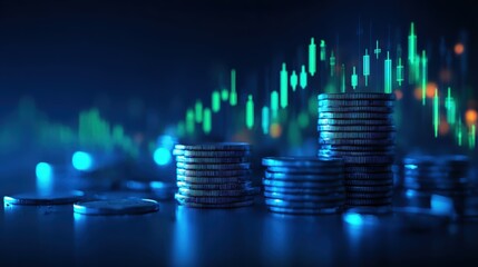 Cryptocurrency investment growth with glowing stacked coins, vibrant green candlestick trading chart, digital financial analysis and forex market visualization on dark blue background