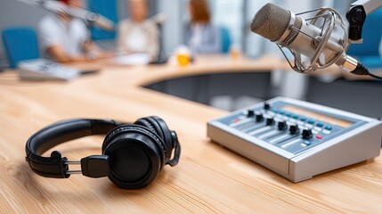 A clean audio environment shows headphones and a microphone ready for recording while a group engages in conversation nearby
