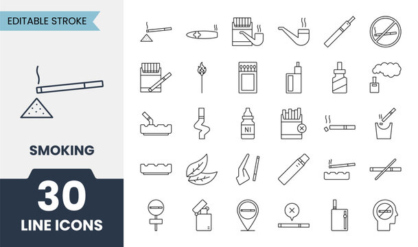 Smoking line icons set with editable stroke. Containing cigar, cigarette, vape, moke, ashtray, nicotine, vapor and more. Vector illustration