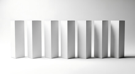 A row of identical white rectangular blocks standing upright on a white surface, casting subtle shadows