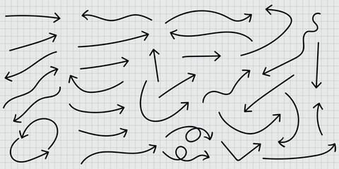 Arrows Collection Hand Drawn Directional Signs Black Line Art Illustration on Grid Arrows Set Curve Straight Pointer