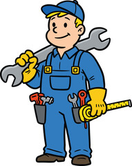 Cartoon handyman, blue overalls, yellow gloves, smiling worker, shoulder wrench pose, tool pouch, DIY character, repair concept, construction icon, cheerful stance