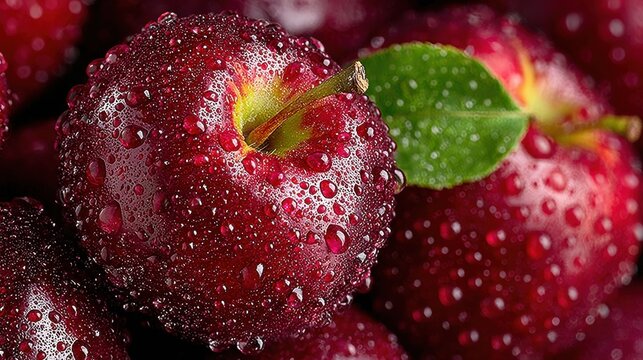 Commercial high-resolution photo of close up of fresh red apples covered in water droplets.
