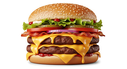 Giant triple cheeseburger with bacon isolated on transparent background