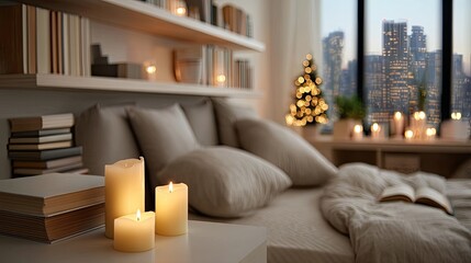 Fototapeta premium Soft candlelight enhances the cozy atmosphere created by warm blankets and an open book beside a glowing fireplace during winter