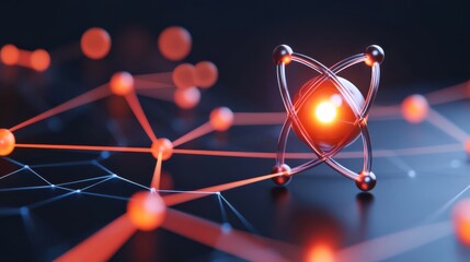 A vibrant depiction of an atom with particles, highlighting connections between elements in a digital style, symbolizing scientific discovery and innovation.