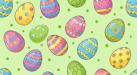 Seamless pattern of colorful, handdrawn easter eggs with intricate patterns and polka dots on a light green background
