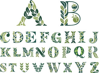 Alphabet letters decorated with green leaves and plants
