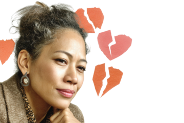 Smiling woman with broken heart collage, humorous vintage aesthetic mixing black and white portrait and red cut paper shapes