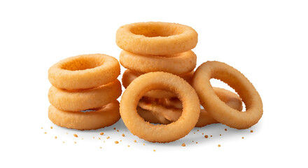 Golden fried onion rings stacked isolated on transparent background