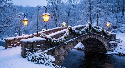 Enchanting Snowy Bridge Illuminated by Warm Lanterns and Festive Garland