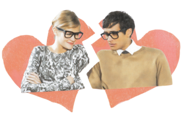 Smiling woman with broken heart collage, humorous vintage aesthetic mixing black and white portrait and red cut paper shapes