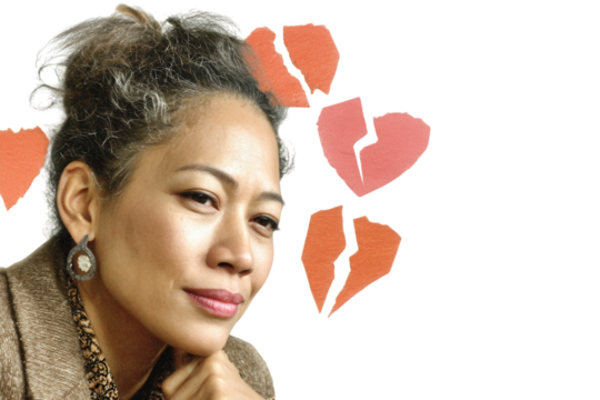 Smiling woman with broken heart collage, humorous vintage aesthetic mixing black and white portrait and red cut paper shapes