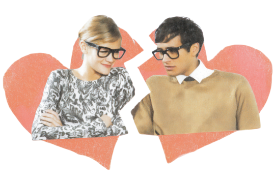 Smiling woman with broken heart collage, humorous vintage aesthetic mixing black and white portrait and red cut paper shapes