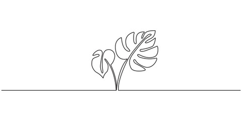 Elegant monstera leaf continuous one line minimalist art design, Hand-drawing one continuous line art of tropical monstera leaves. one line Icon drawing with white background © Shovo