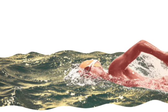 .Swimmer in golden sunset lake, nostalgic summer memory, cinematic film tones, warm reflections on the water