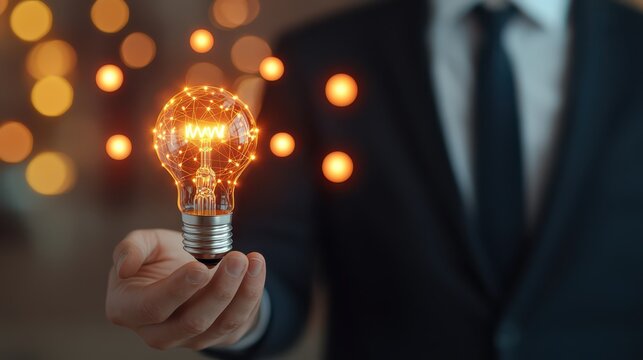 A person holding a glowing light bulb with a network design, symbolizing innovation and creativity in a business or technological context. - Powered by Adobe