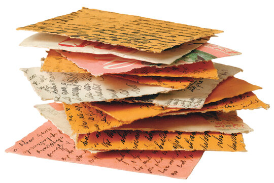 Stack of unsent love letters, nostalgic still life photography, soft golden light, handwriting details