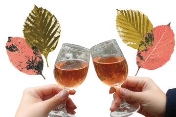 Retro champagne toast with hearts, two hands clinking glasses, small floating hearts