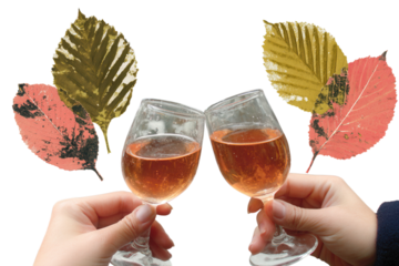 Retro champagne toast with hearts, two hands clinking glasses, small floating hearts