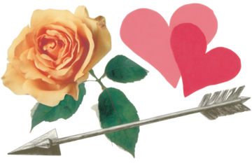 Arrow with love note and hearts, vintage collage style combining black and white photography with hand-cut paper shapes