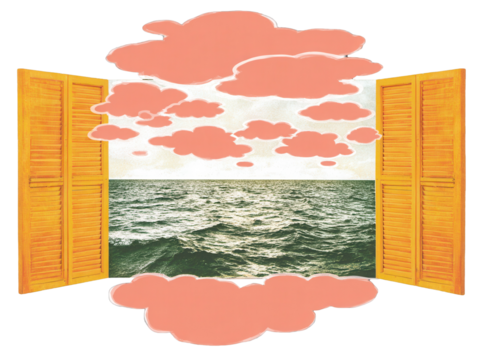 Floating house among pink clouds, surreal nostalgic landscape, cinematic dreamy tone, poetic and symbolic imagery