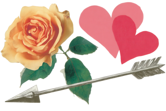 Arrow with love note and hearts, vintage collage style combining black and white photography with hand-cut paper shapes