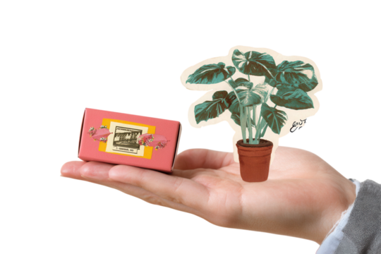 Hand offering chocolate box gift, romantic vintage collage with monochrome photography and colorful cut paper