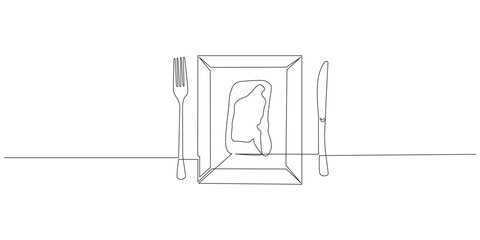 Continuous single line drawing of a plate with fork and knife. Editable stroke, Continuous one line drawing of plate, spoon and fork minimal outline vector illustration