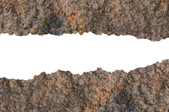 Old Rusty Corroded Metal Texture Frames with Torn Rough Edges on Transparent Background.