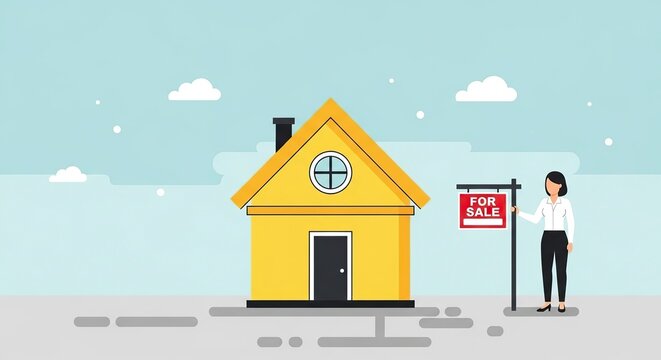 Real estate agent standing next to a yellow house with a for sale sign in front of it