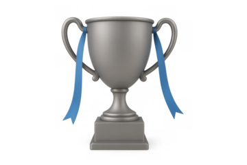 Silver trophy cup with two blue ribbons signifying winning, competition, award, and prize. Background is transparent
