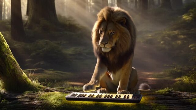 Majestic lion playing a keyboard in a sun-dappled forest clearing, creating a whimsical and surreal scene, perfect for fantasy or creative projects, evoking wonder and imagination