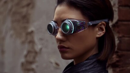 Futuristic woman with tech glasses standing against a textured brick wall, experiencing augmented reality and exploring the possibilities of future technology and urban digital life