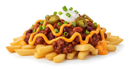 Delicious chili cheese fries topped with jalapenos and sour cream isolated on transparent background