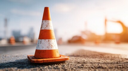 An orange traffic cone placed on a construction site.