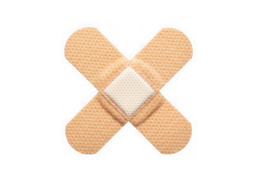 Two adhesive bandages crossed in an x shape, isolated on transparent background