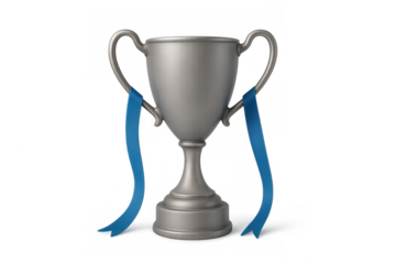 Silver trophy cup representing achievement and success, decorated with a blue ribbon, symbolizing first place award recognition